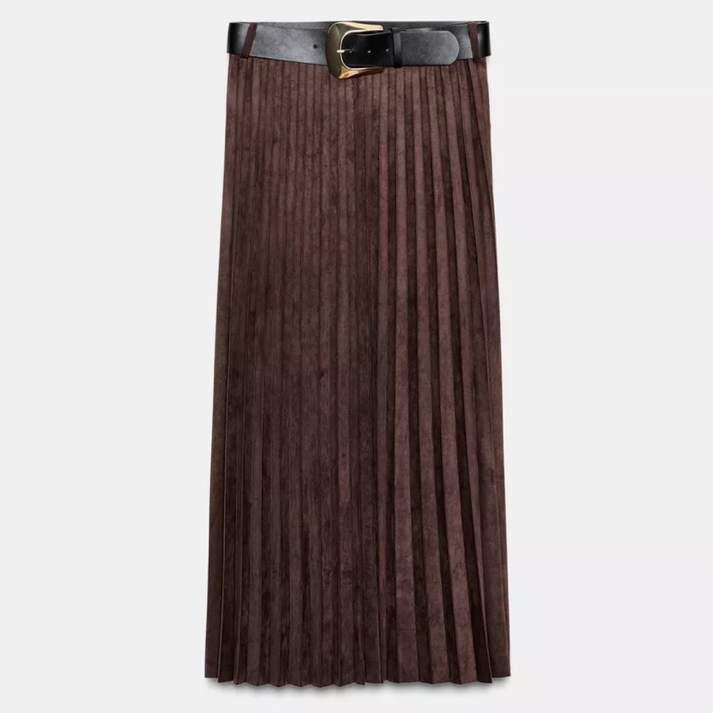 NWT Zara Brown Faux Suede Pleated Midi Skirt Belted High Waist Flowy Women’s XL